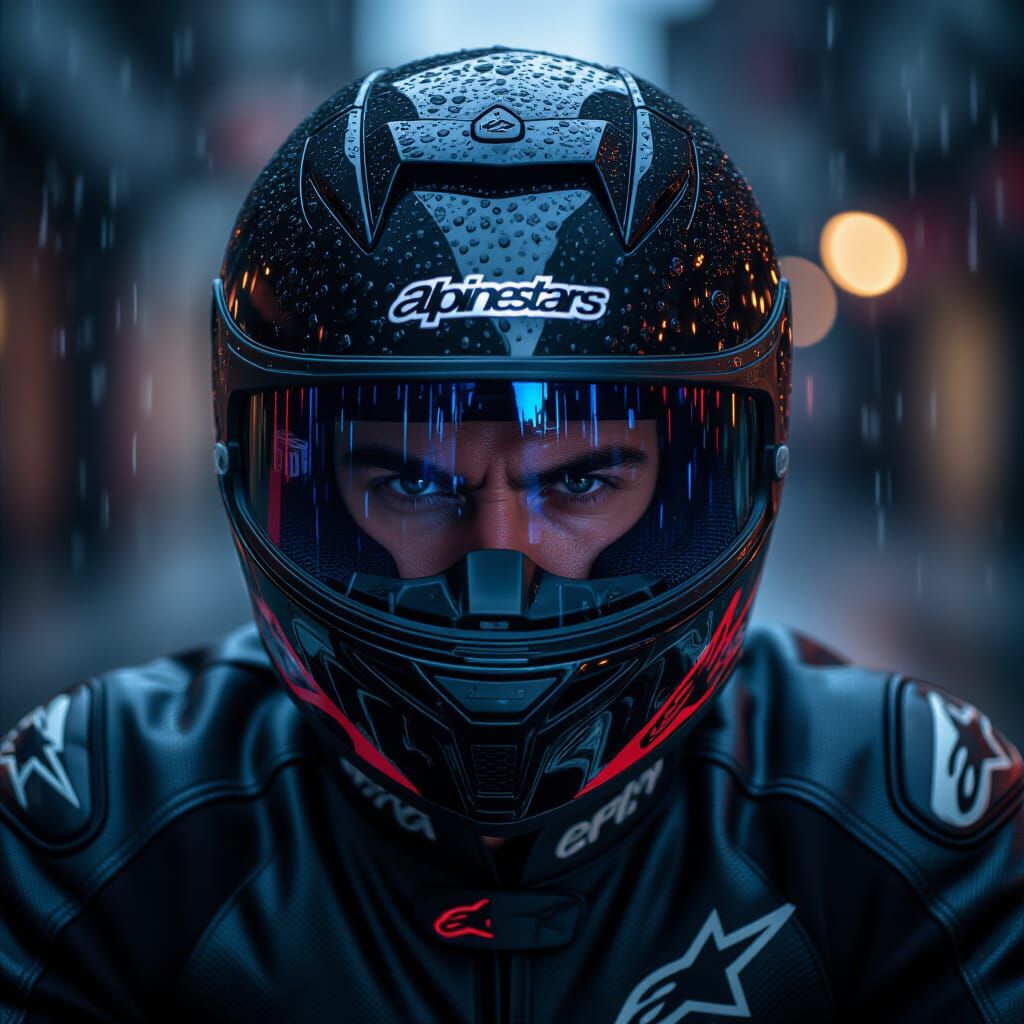 Motorcyclist in Rain with Alpinestars Helmet
