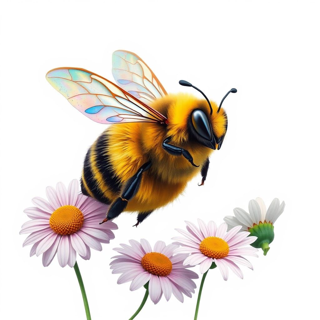 Fluffy Bee with Heart Wings over Daisies