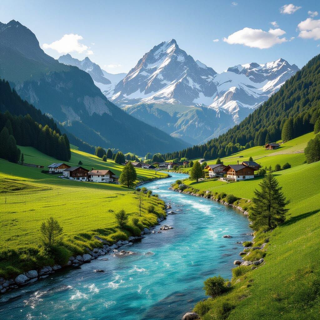 Photorealistic Swiss Alps River Landscape at Golden Hour