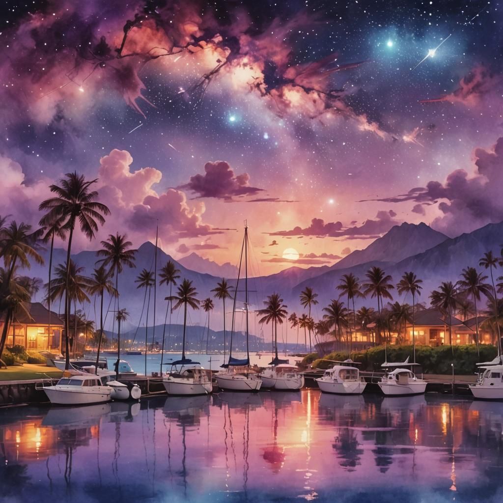 Hawaiian Harbor Dreamscape in Watercolor Style