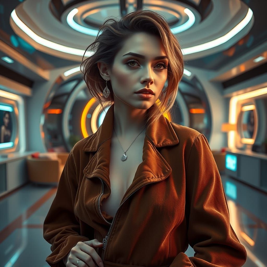 Elegant Lady in Futuristic Home: Retro-Futuristic Style