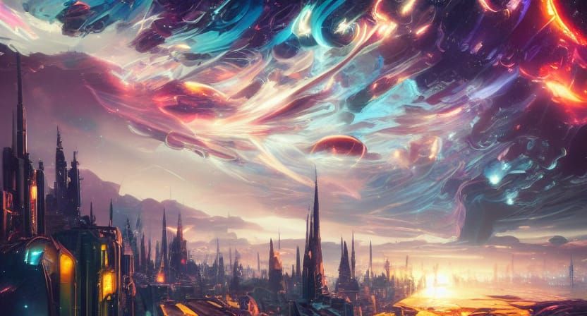 Exploding Star Over Galactic City in Acrylic Style