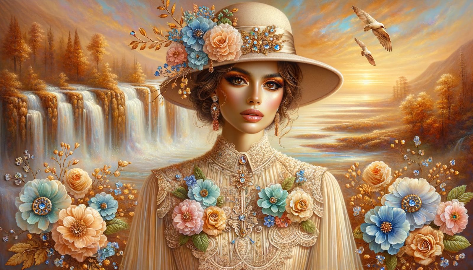 Woman in Floral Dress at Sunset, Airbrush Oil Painting