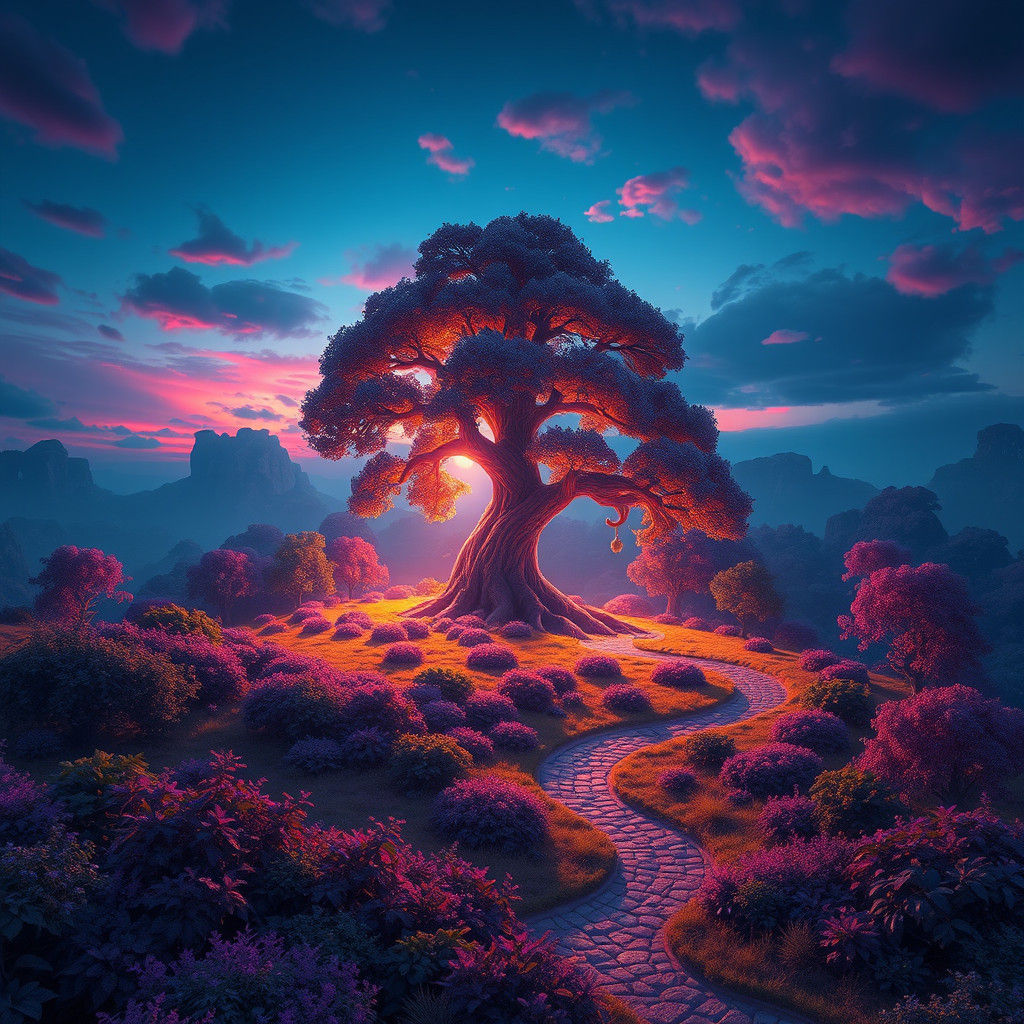 Glowing Tree in Dreamlike Fantasy Landscape