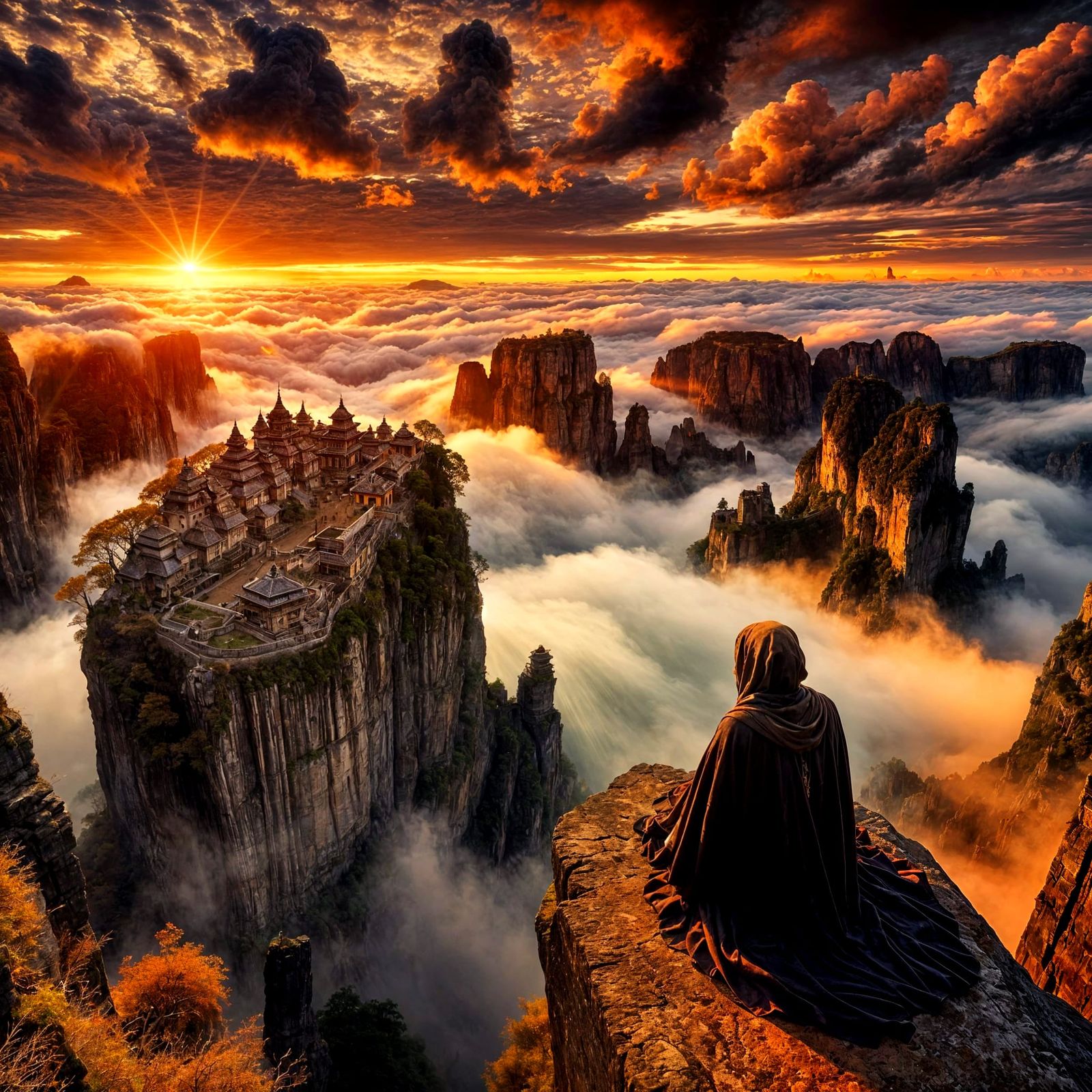 Sunrise Temple Above Clouds with Cloaked Traveler