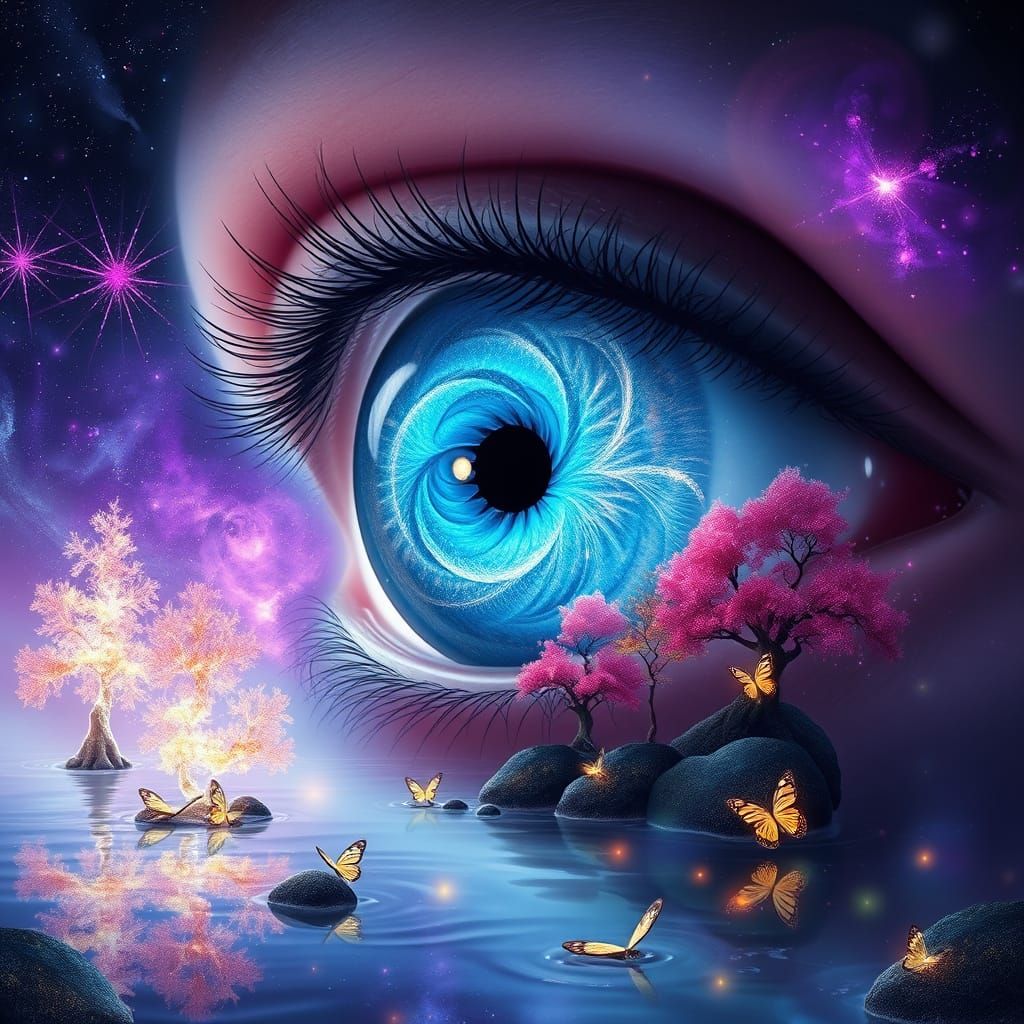 Surreal Eye in Cosmic Landscape with Glowing Forest and Whim...