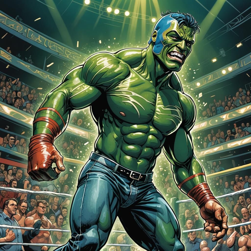 Green Wrestler with Baby Mask in Comic Book Style