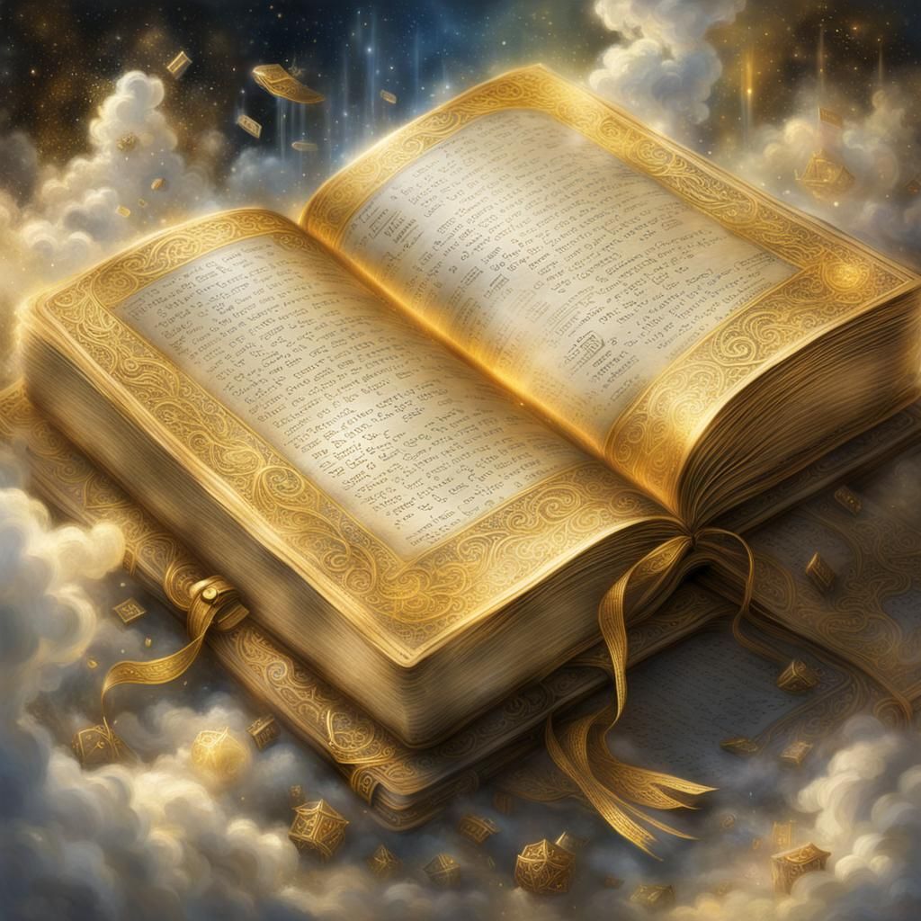 Golden Bible with Ethereal Words, Fantasy Art