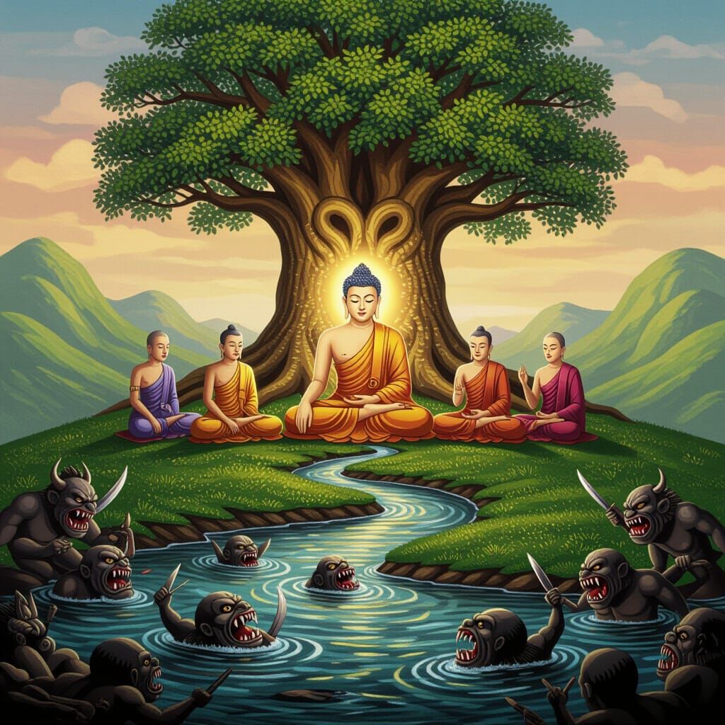 Buddha and Disciples Meditating Under Bodhi Tree