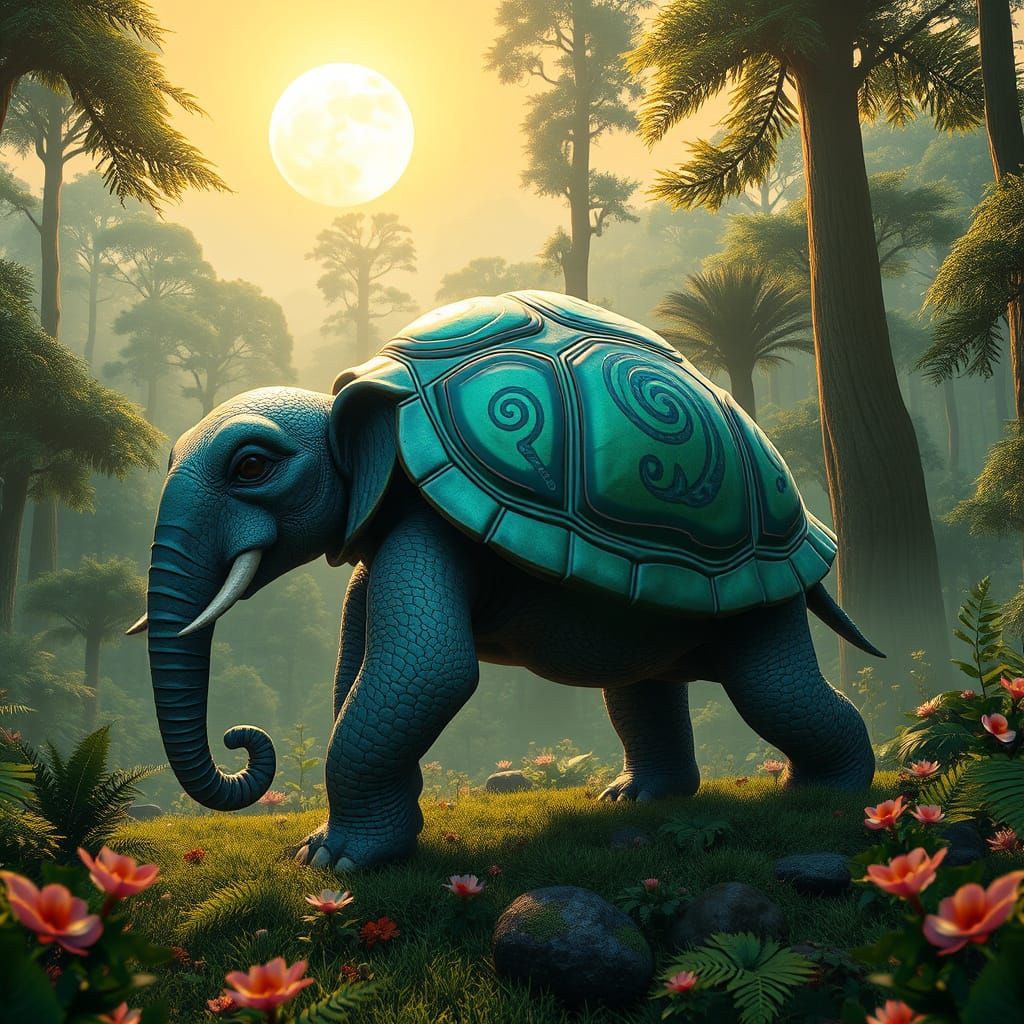 Majestic Turtle-Elephant Hybrid Strolls Through Lush Fantasy...