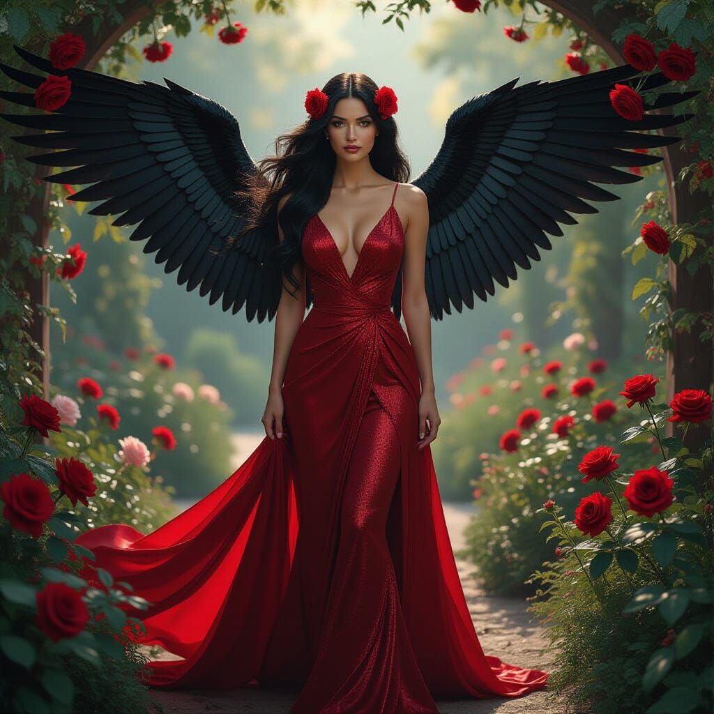 Goddess with Black Wings in Cosmic Garden