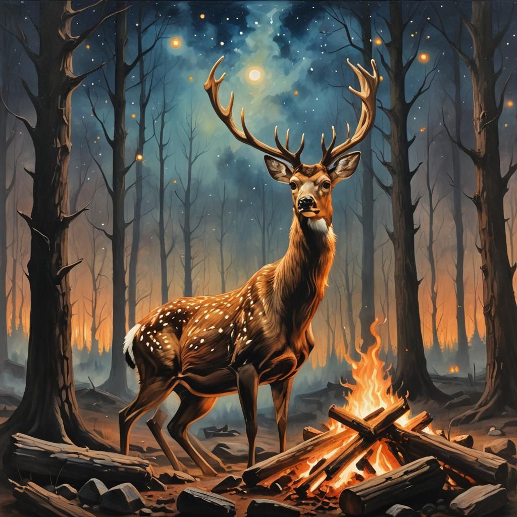 Deer by Campfire: Surreal Wildlife Art in Oil