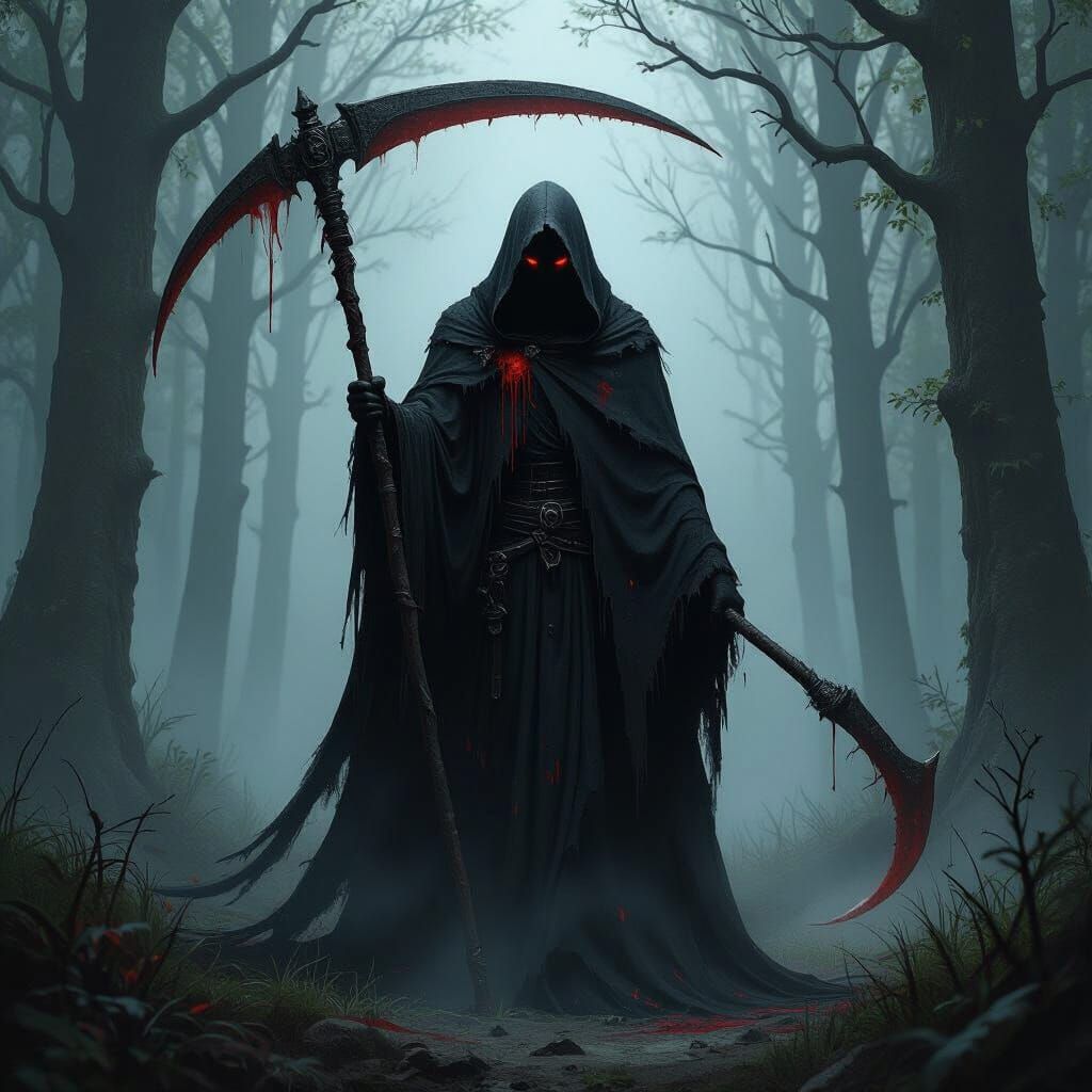Macabre Figure with Scythe in Dark Forest