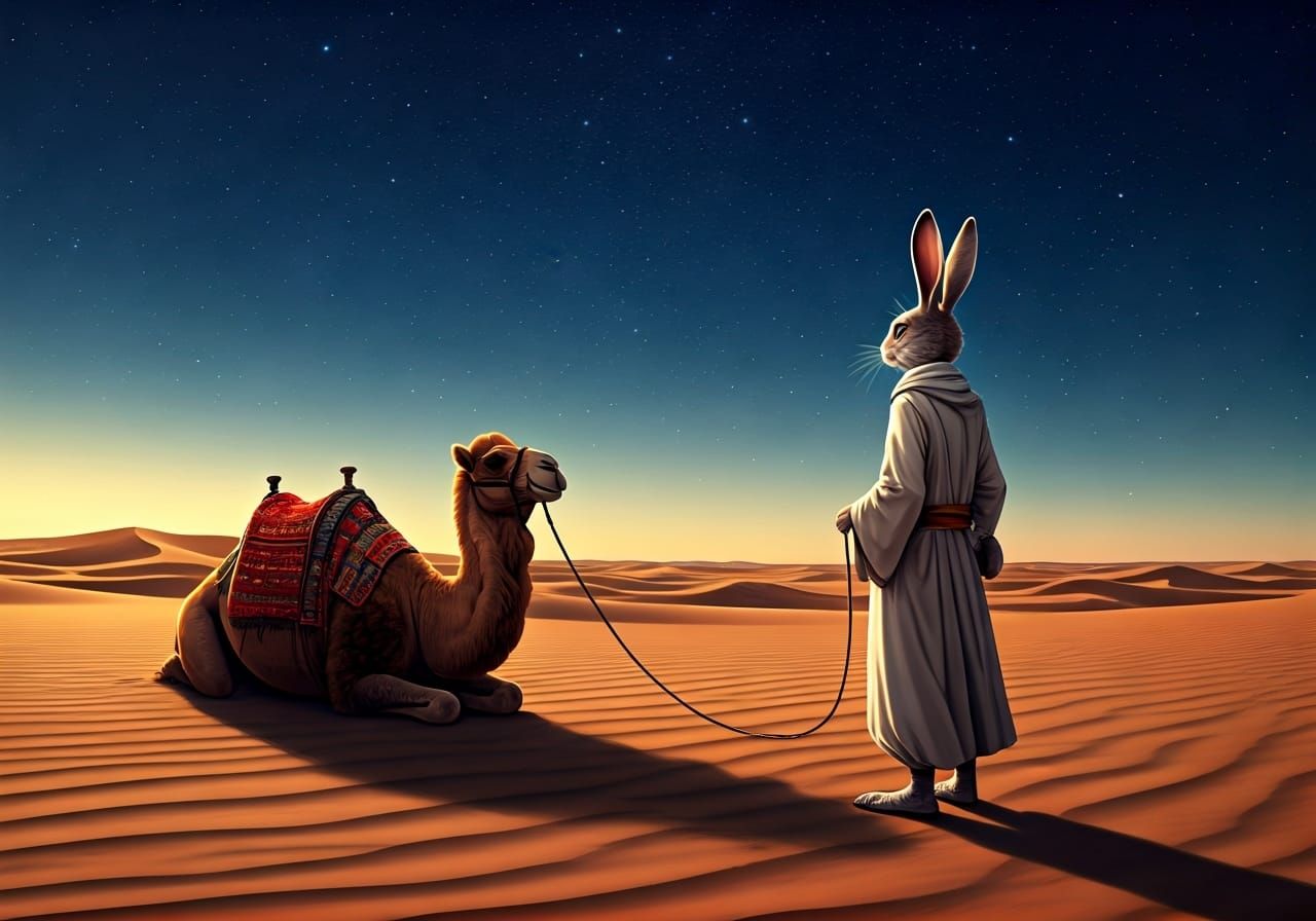 Rabbit Bedouin with Camel in Sahara Desert Night