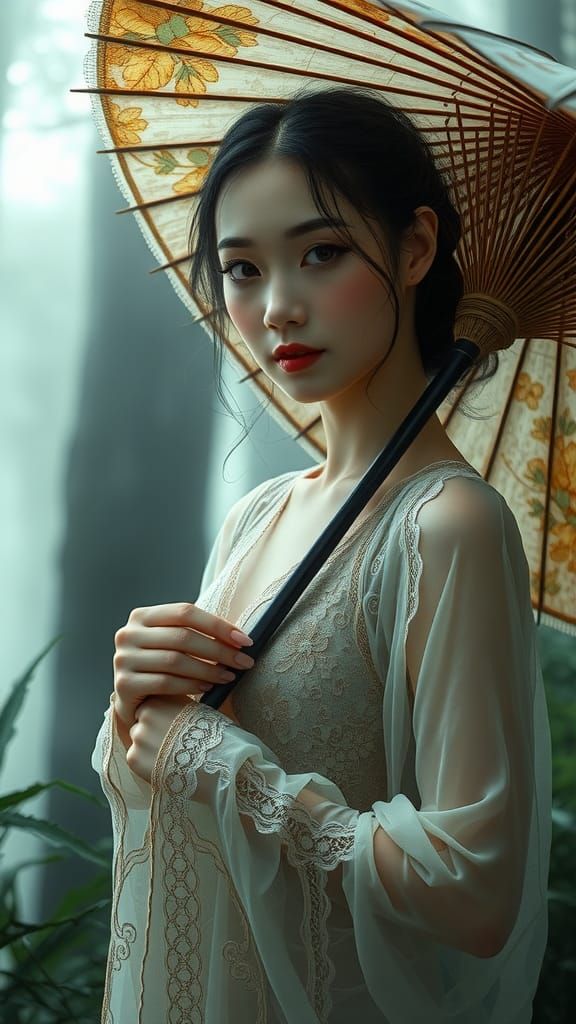 Oriental Woman with Paper Umbrella in Misty Forest