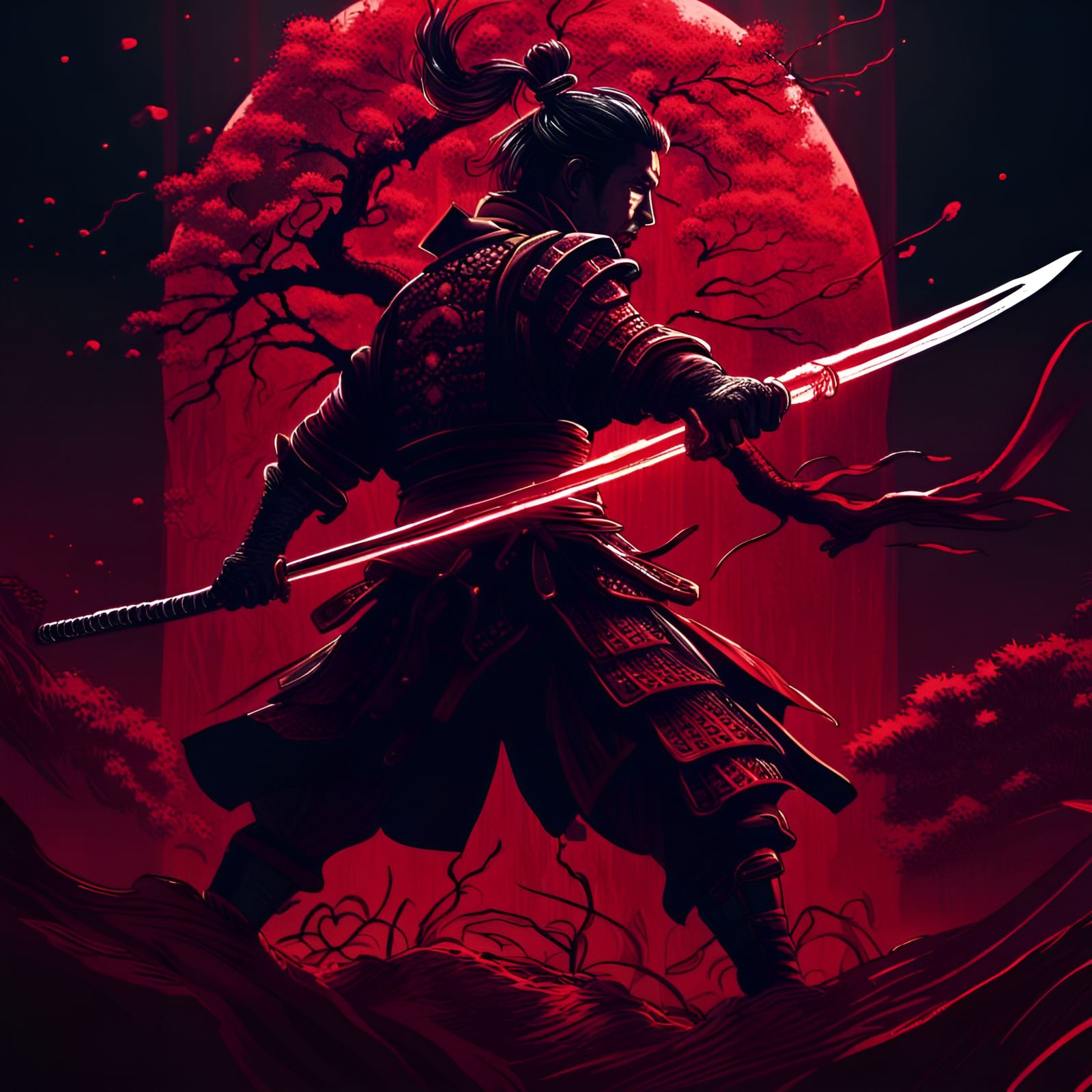 Armored Samurai with Glowing Katana, Detailed Digital Painti...