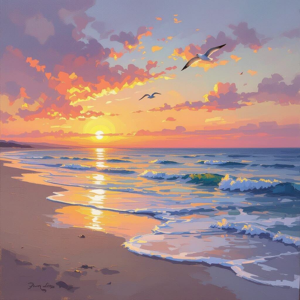 Serene Beach Sunset Oil Painting