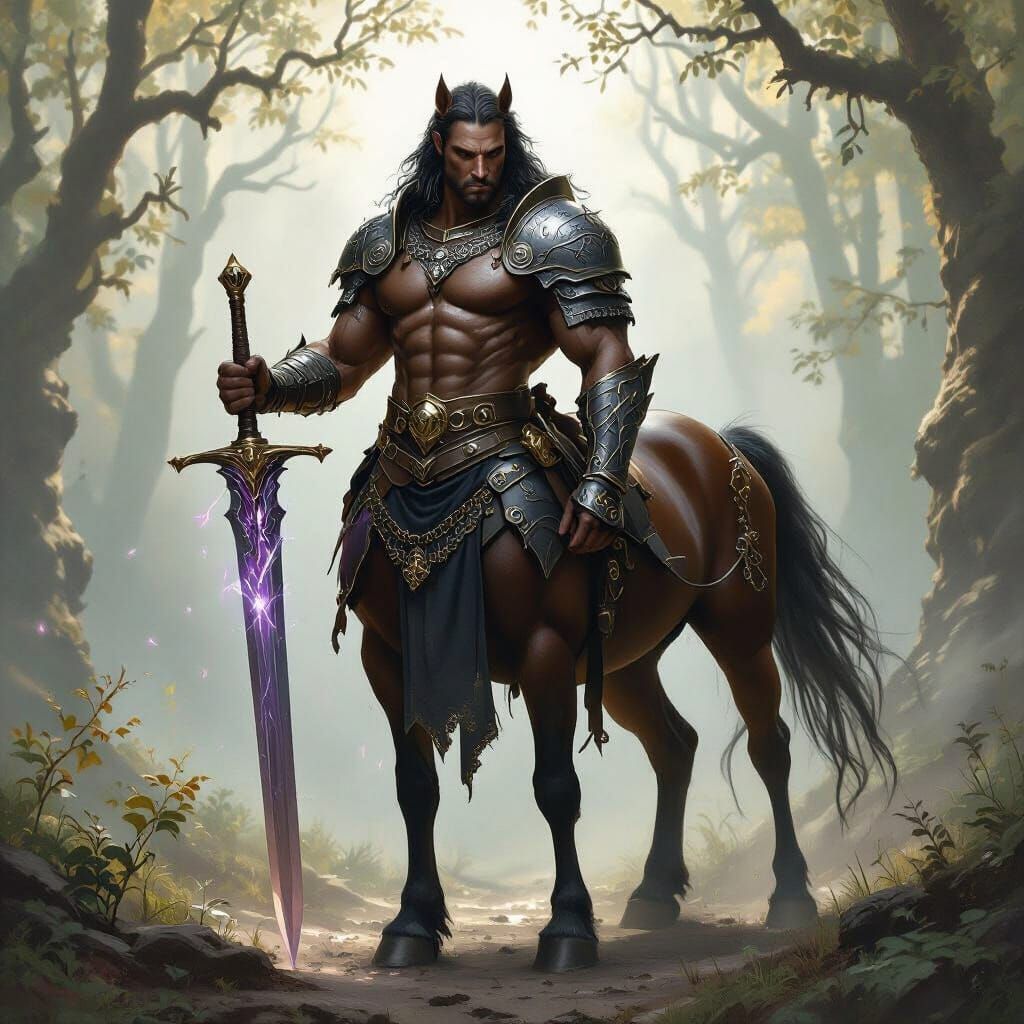 Centaur Warrior with Sword and Magic in Misty Forest