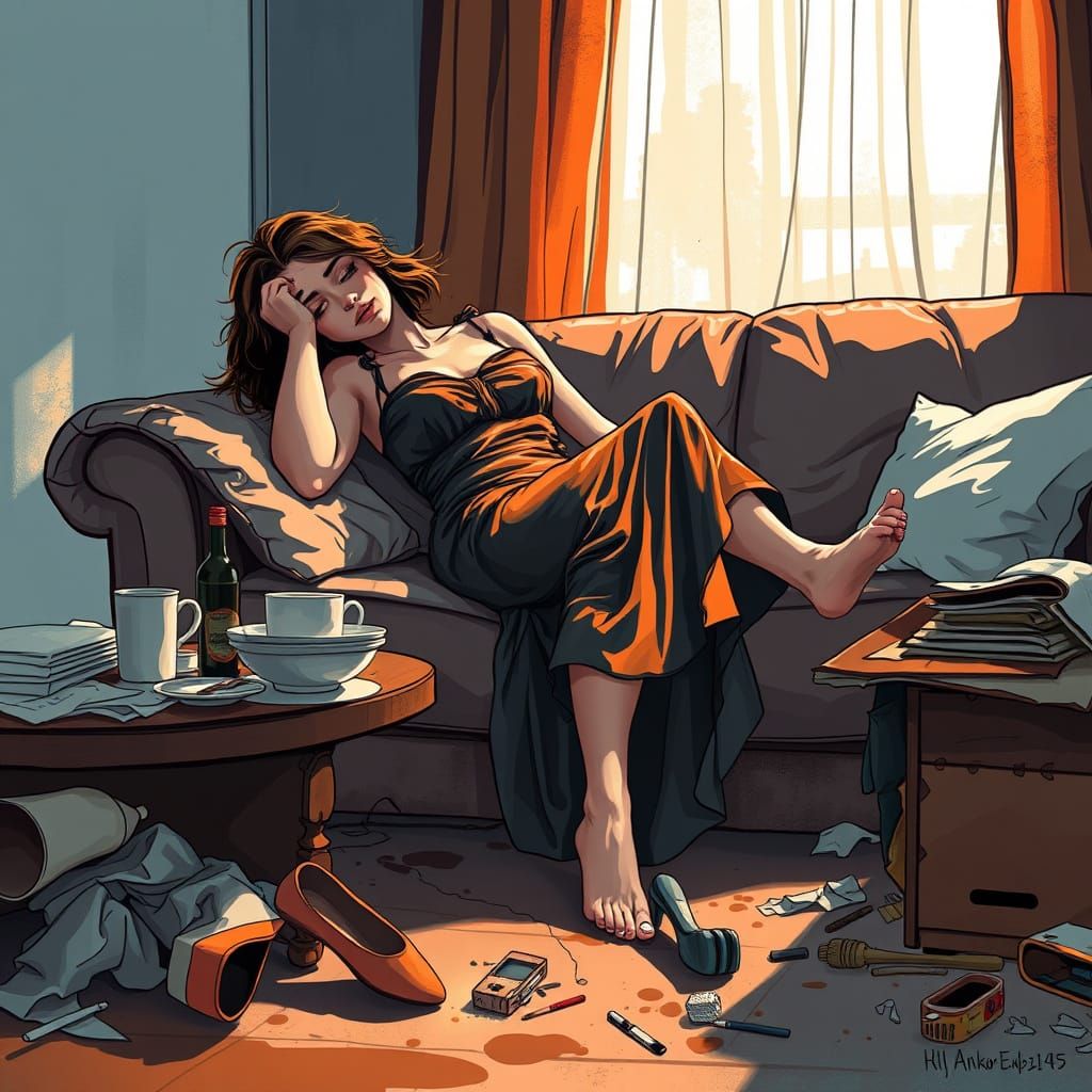 Tired Woman After Party: Expressive Illustration