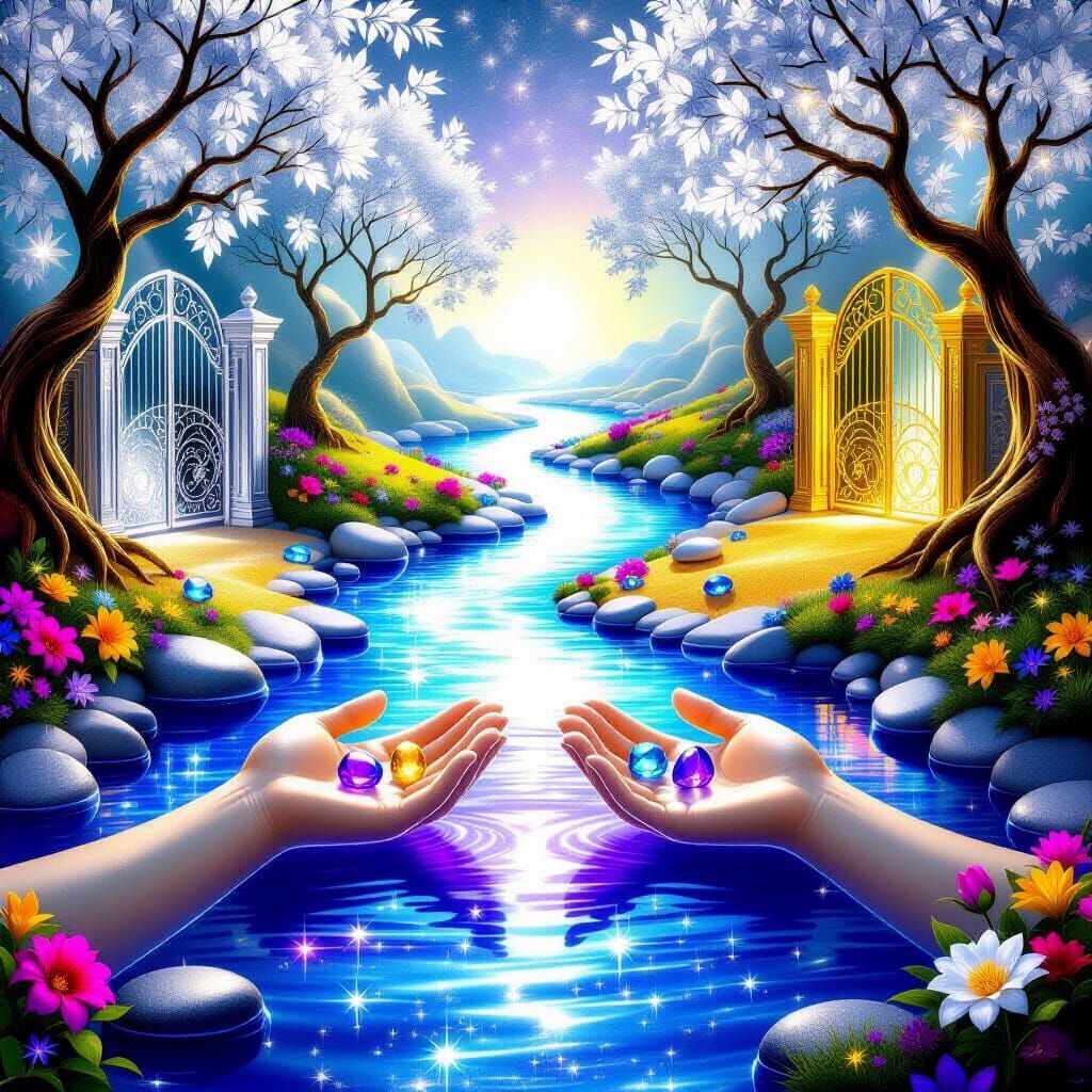 Divine Silver-Violet River Flows Through God's Hands