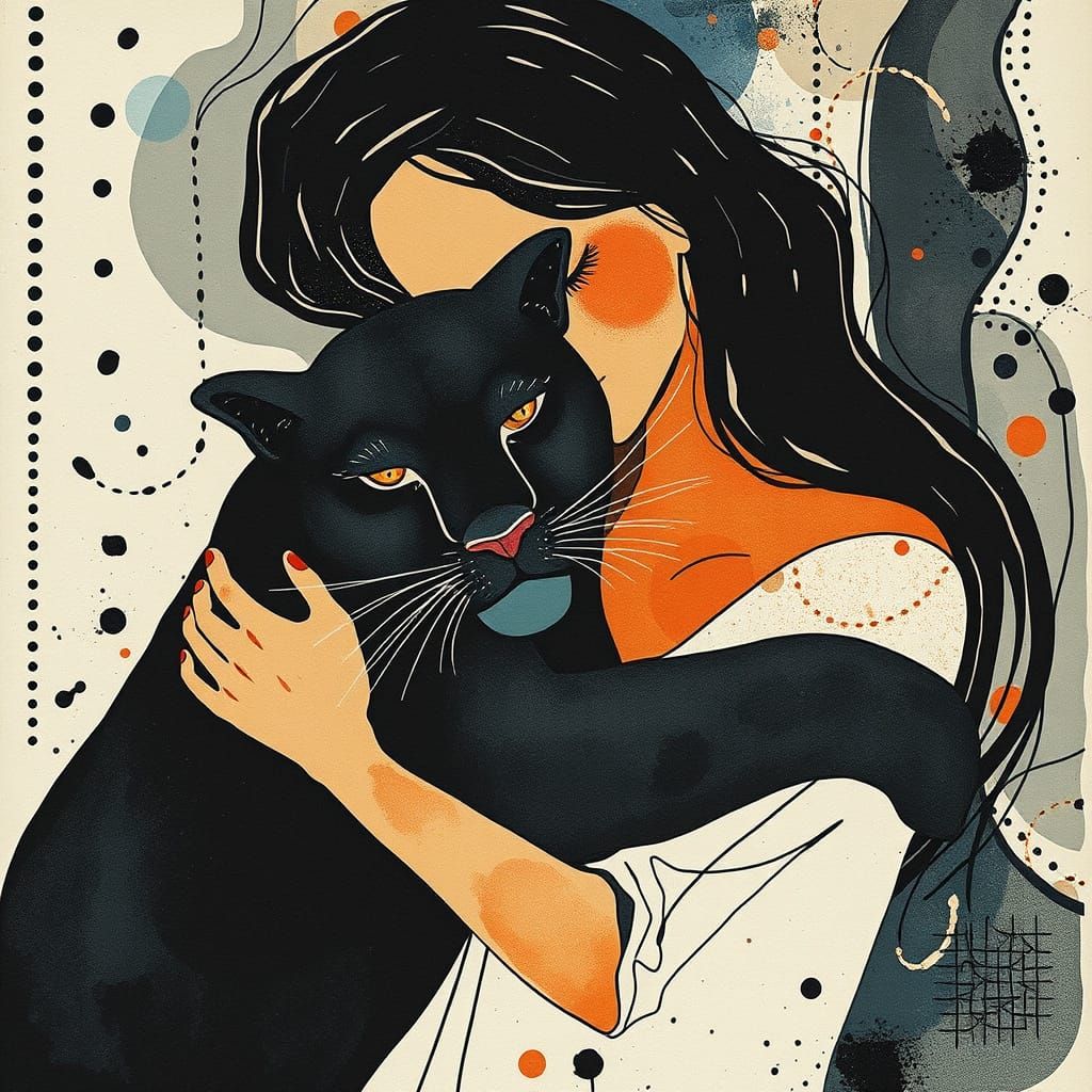 Woman in Embracing Bond with Panther, in Moody Constructivis...