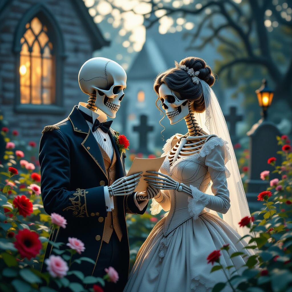 Skeleton Lovers Exchanging Letters in Eerie Churchyard