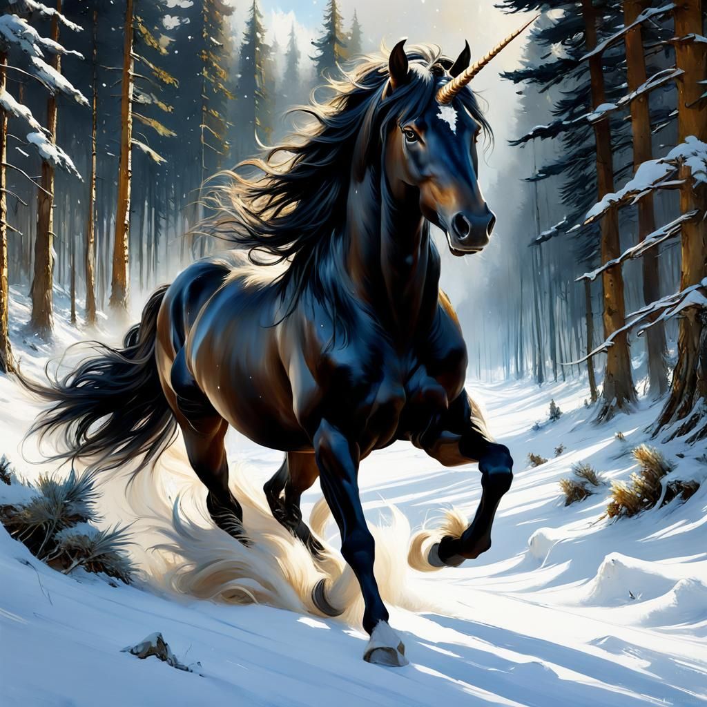 Black Unicorn in Snowy Forest: Digital Matte Painting