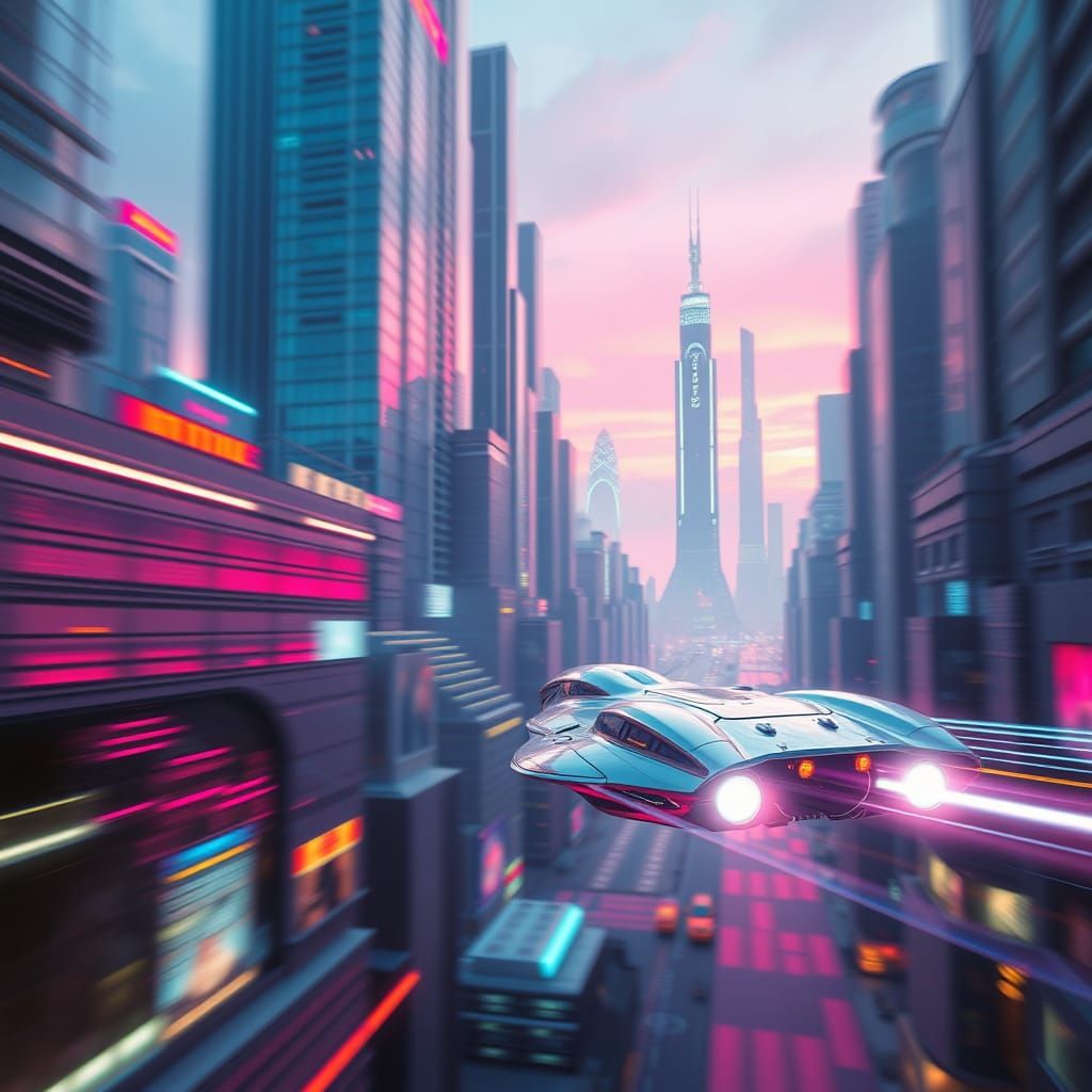 Ethereal Futuristic Cityscape with Blurring Tech and Silver ...
