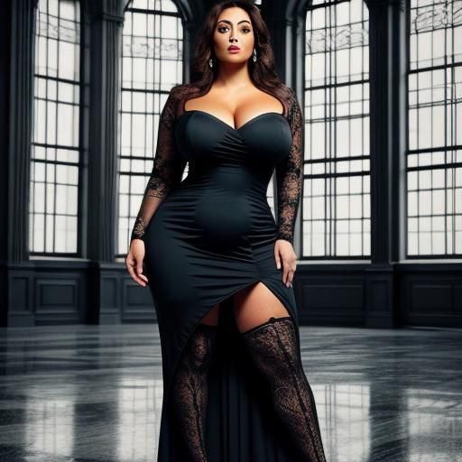 Curvy Woman in Gown with Thigh-High Stockings