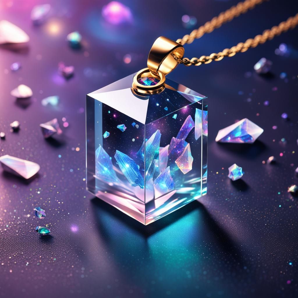 Crystal Necklace in Glass Case Floating in Space