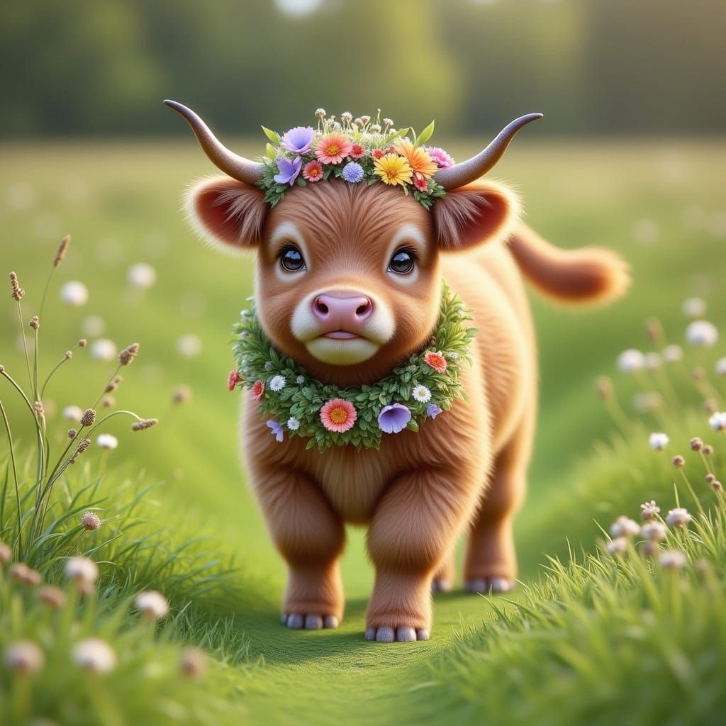 Cute Highland Calf in Wildflower Meadow, Storybook Style