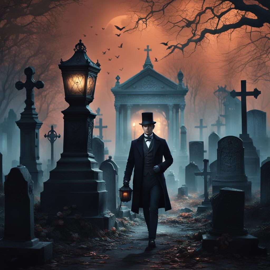 Victorian Gentleman Strolls Through Misty Cemetery at Night
