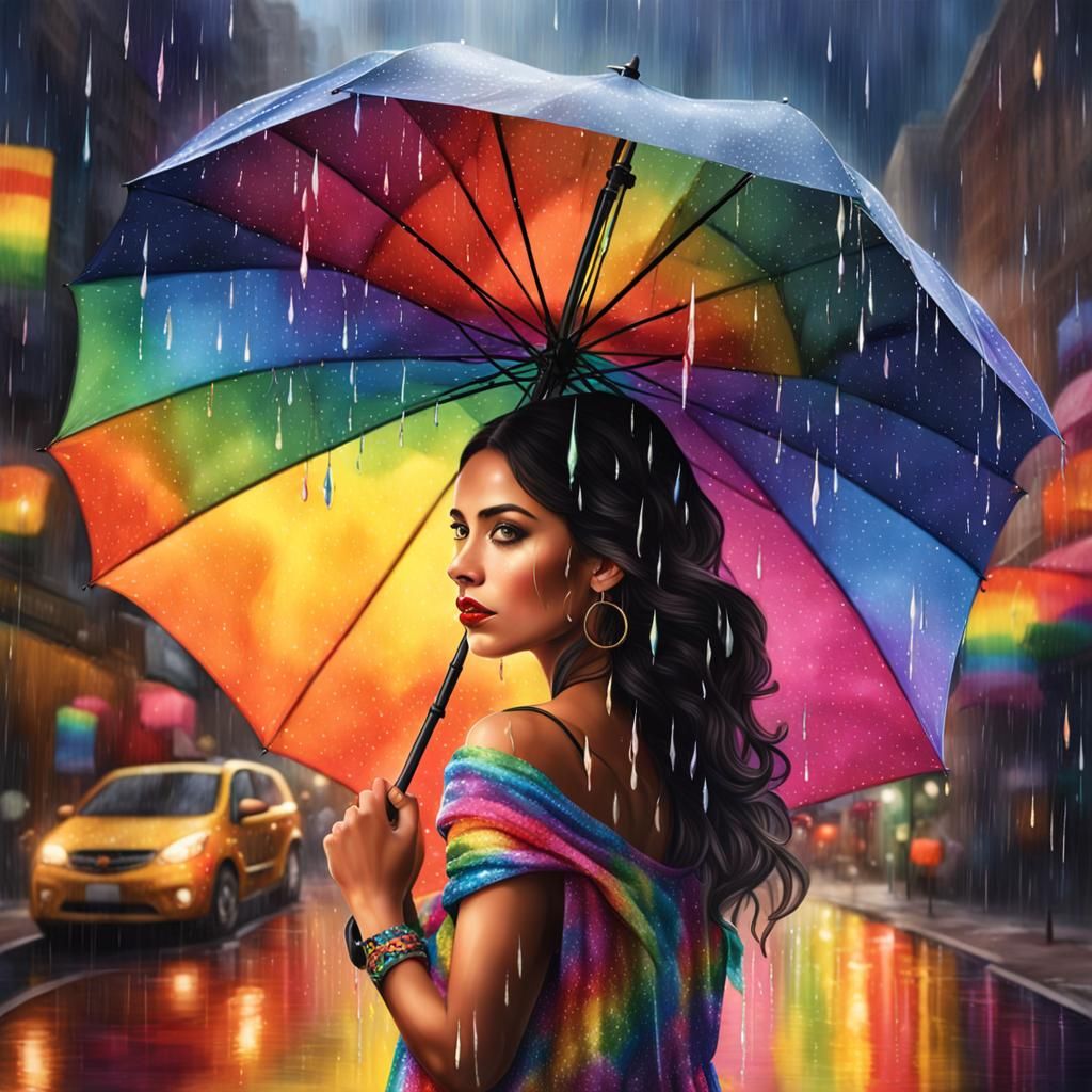 Vibrant Hispanic Woman with Rainbow Umbrella