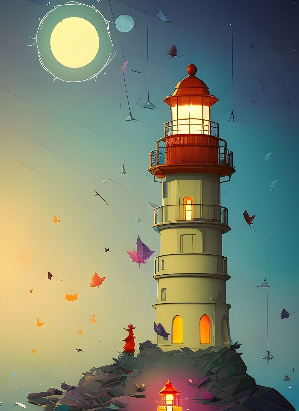 Origami Lighthouse Scene with Volumetric Lighting