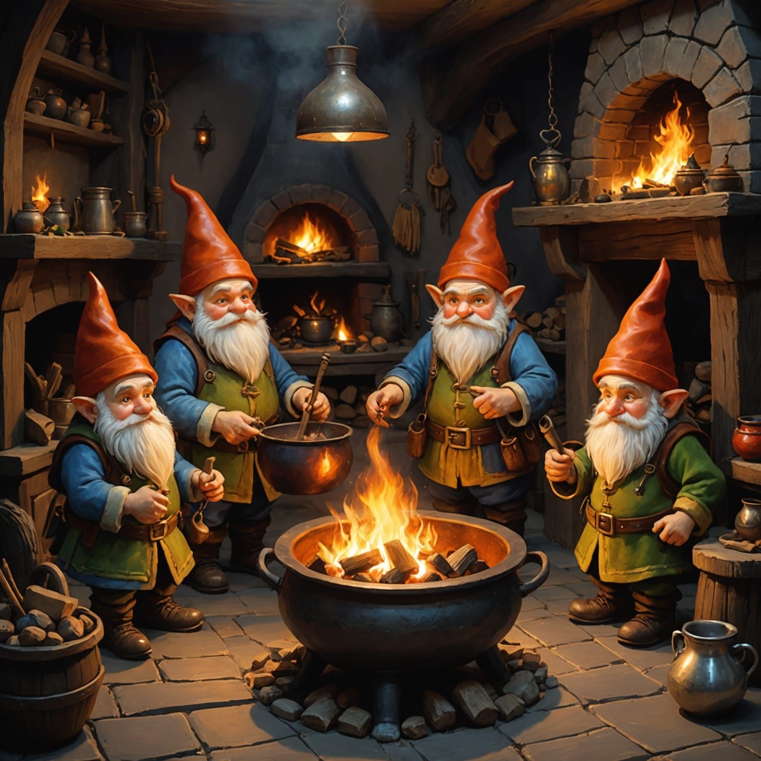 Gnome Dwelling: Dwarves Brewing Potion in Fantasy Art