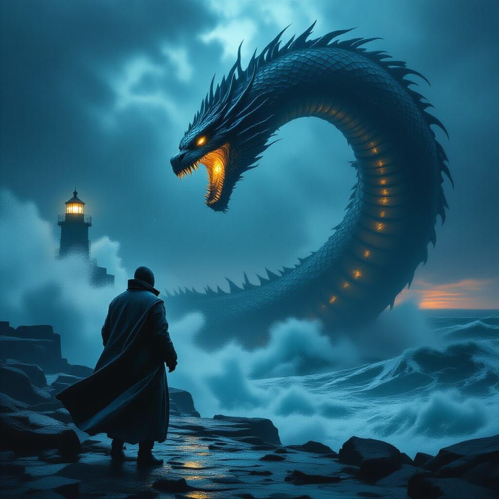 Lighthouse Keeper Battles Sea Monster in Stormy Seas