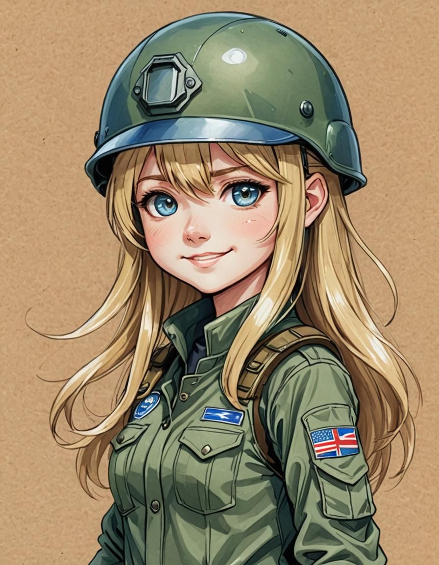 Anime Chibi Woman in Military Greens, Pencil Sketch