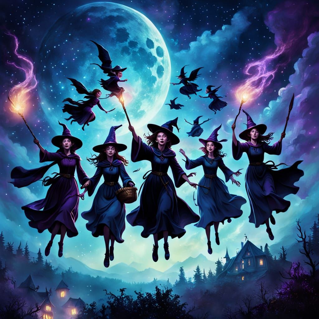 Witches Flying Through Ethereal Night Sky