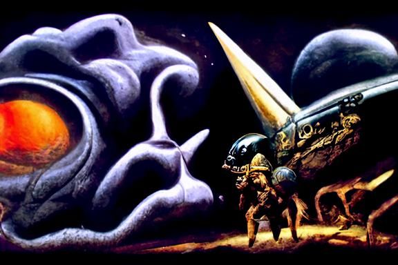 Cuneiform Spaceship Approaching Alien Planet in Sci-Fi Style