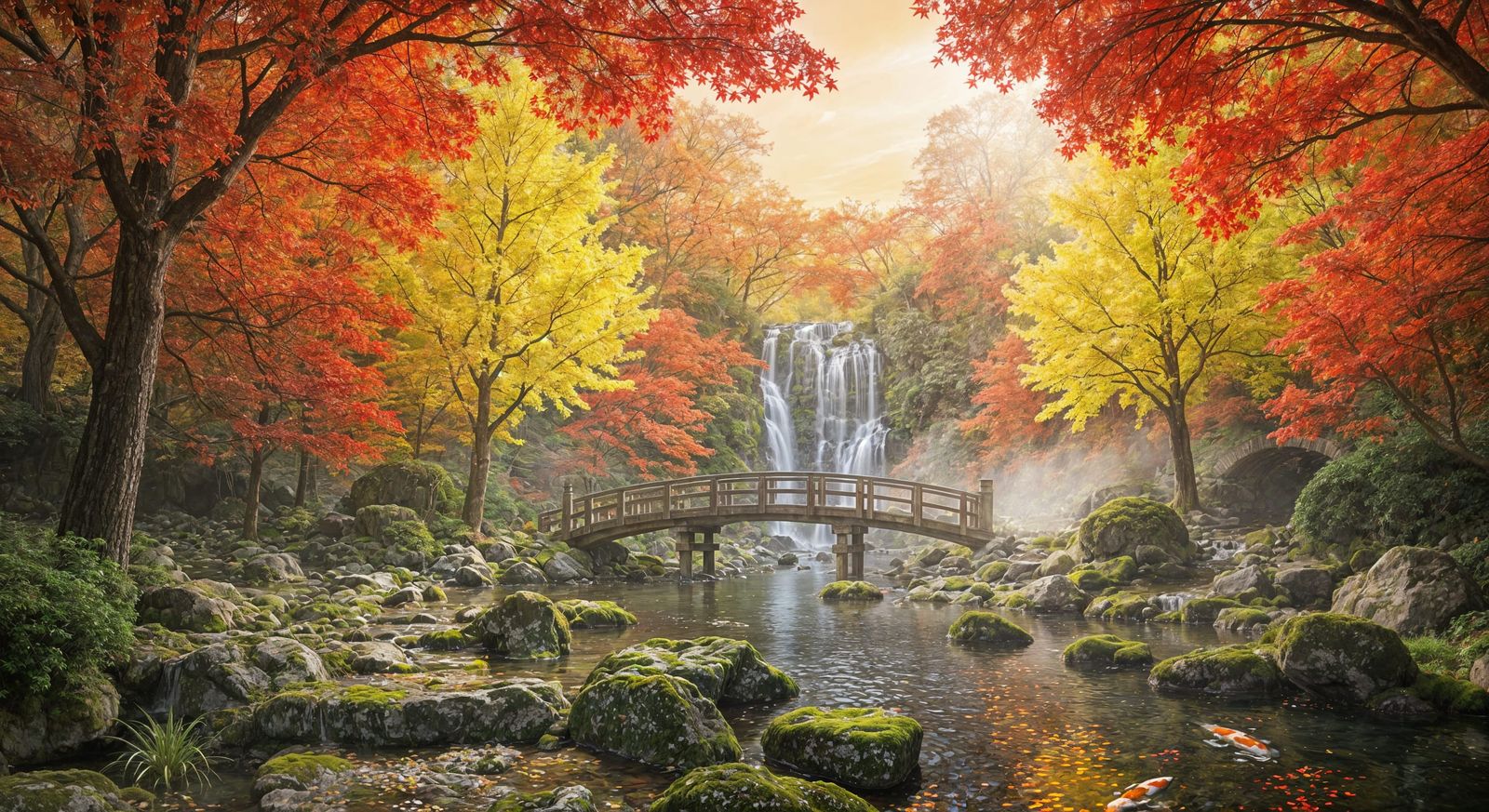 Misty Japanese Autumn Waterfall with Vibrant Foliage