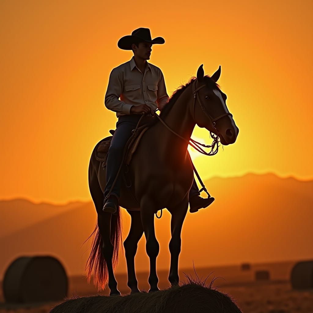 Cowboy Contemplates the Horizon in a Vibrant Orange Sunset