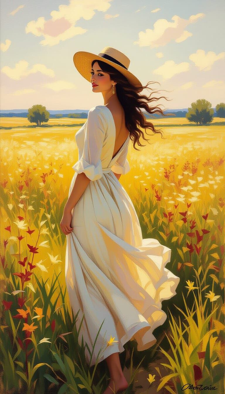 Beautiful Woman in Sunflower Field, Neo-Impressionist Oil Pa...