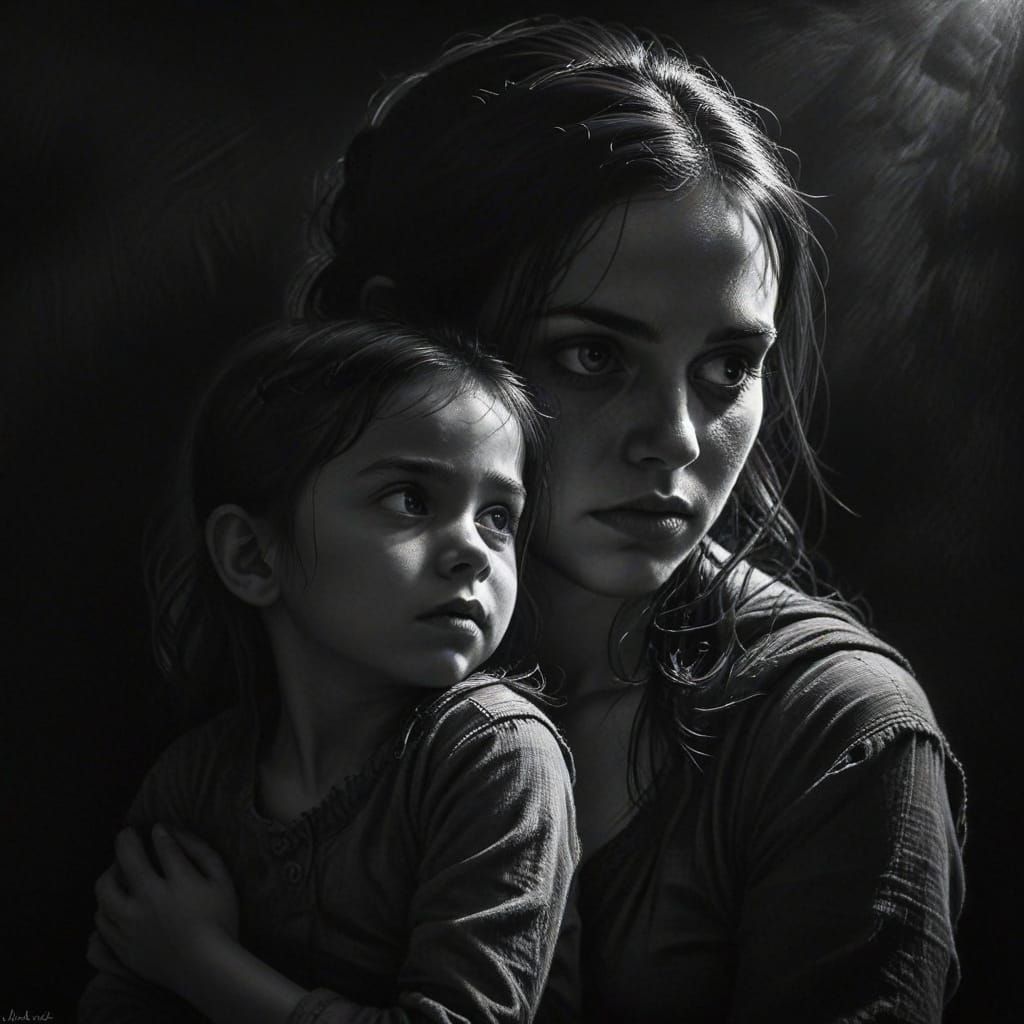 Gothic Shadows Engulf Child and Mother in Dark Portrait