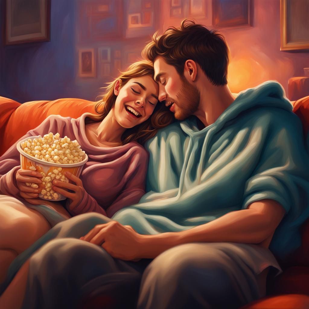 Couple Cuddling and Watching a Movie: Hyperrealistic Digital...