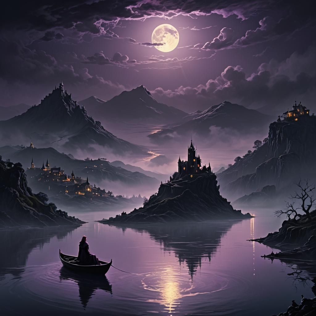 Eerie Dark Fantasy: Girl, Boat, and Distant Dracula