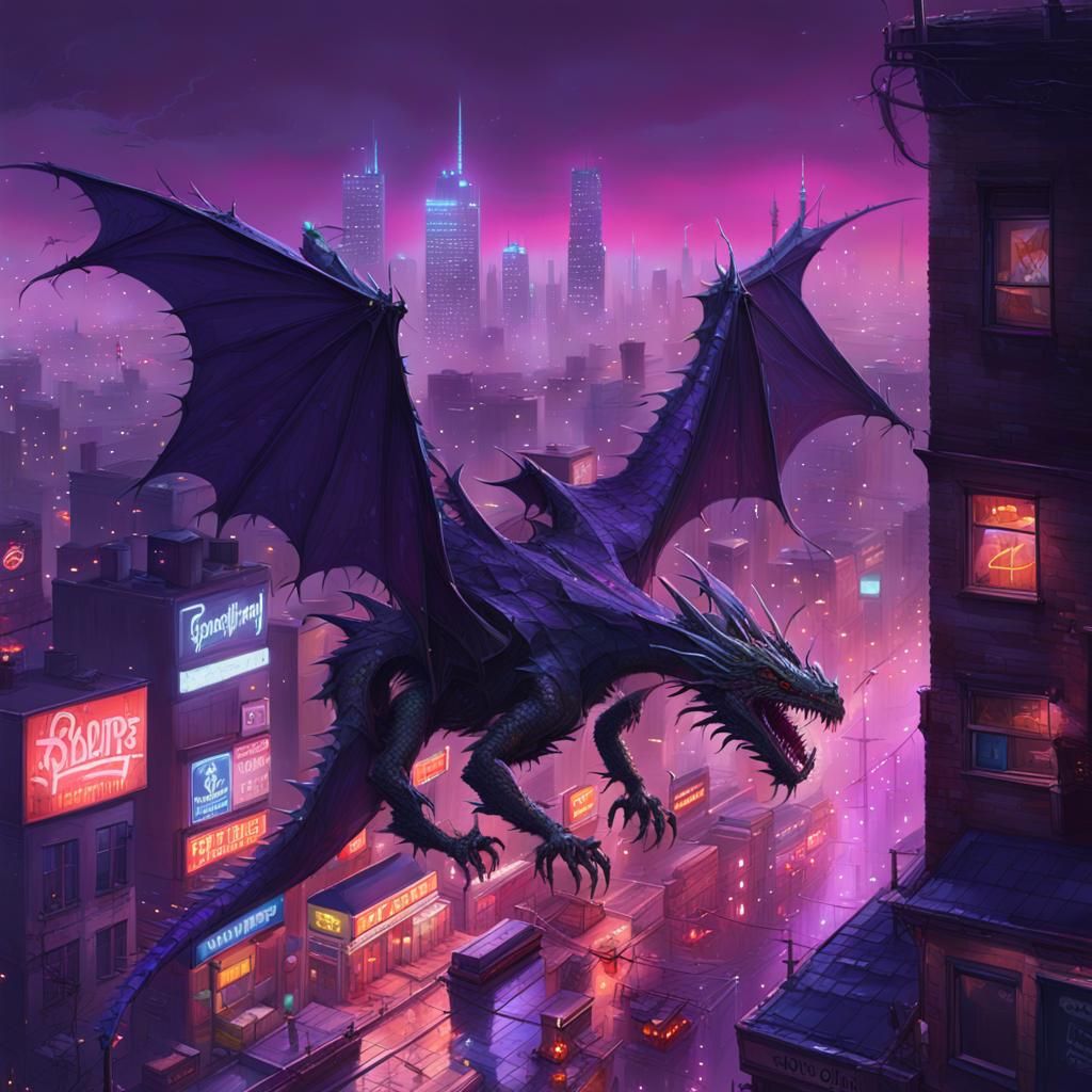 Cyberpunk Dragon Soaring Above Neon Cityscape