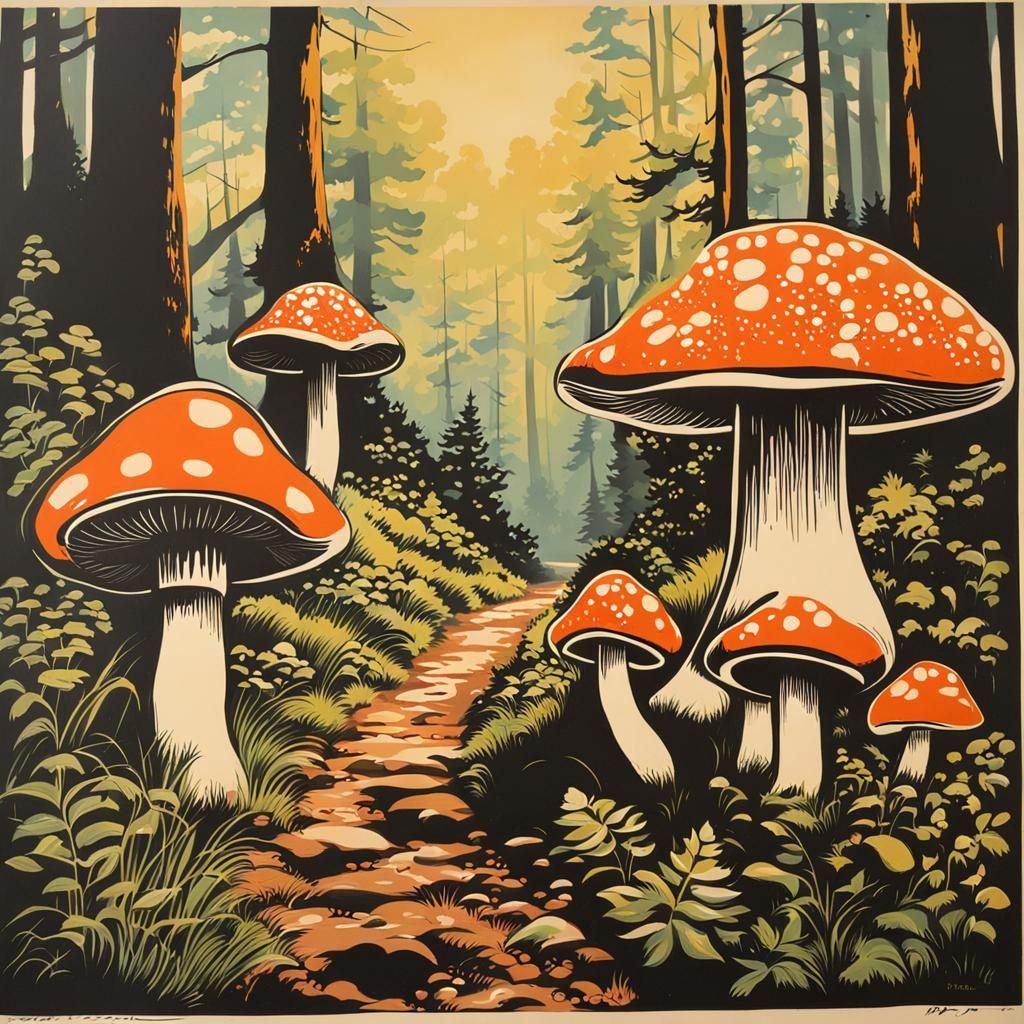 Mushrooms Hiking in Sunny Art Deco Style