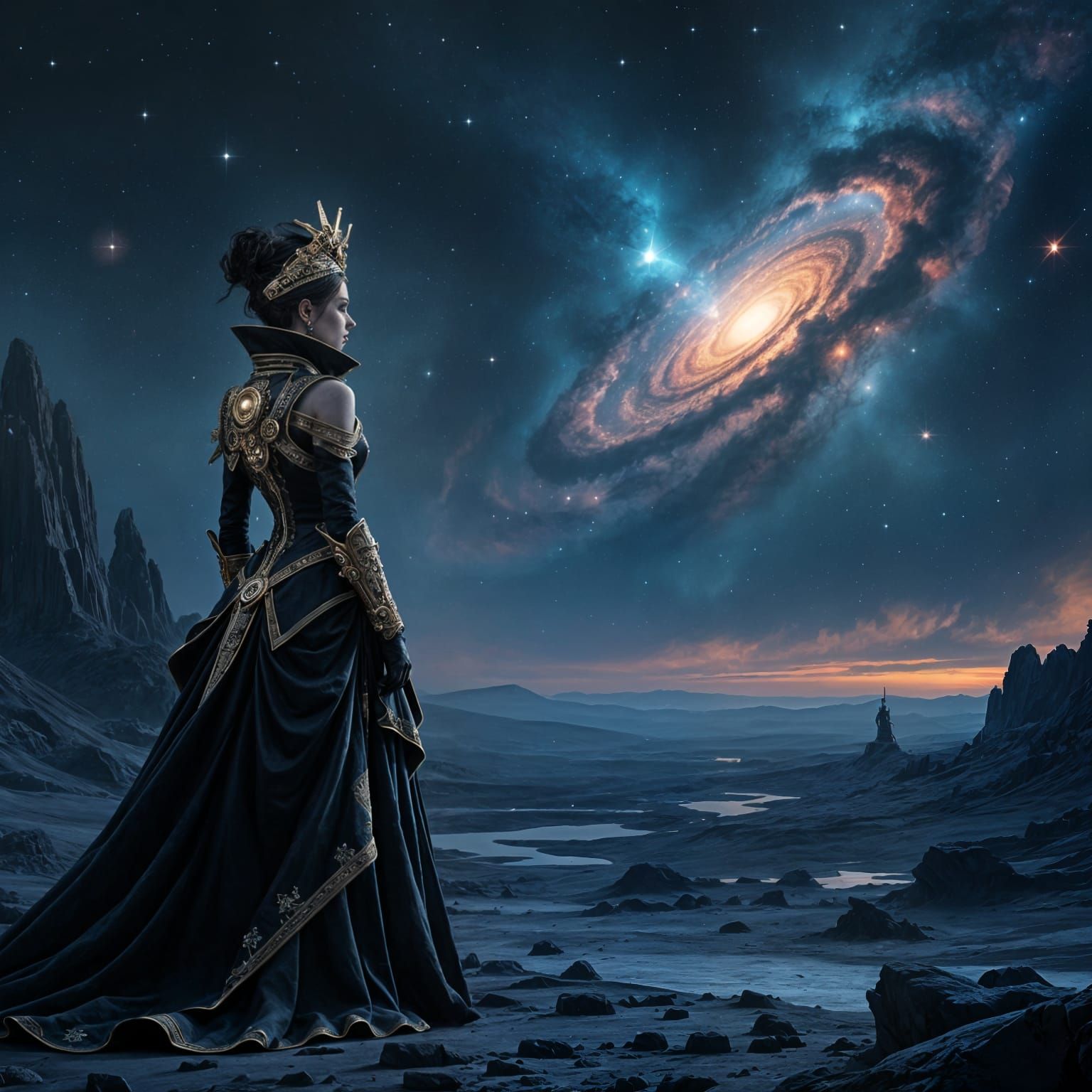 Steampunk Queen on Starlit Planet Gazing at Nebula