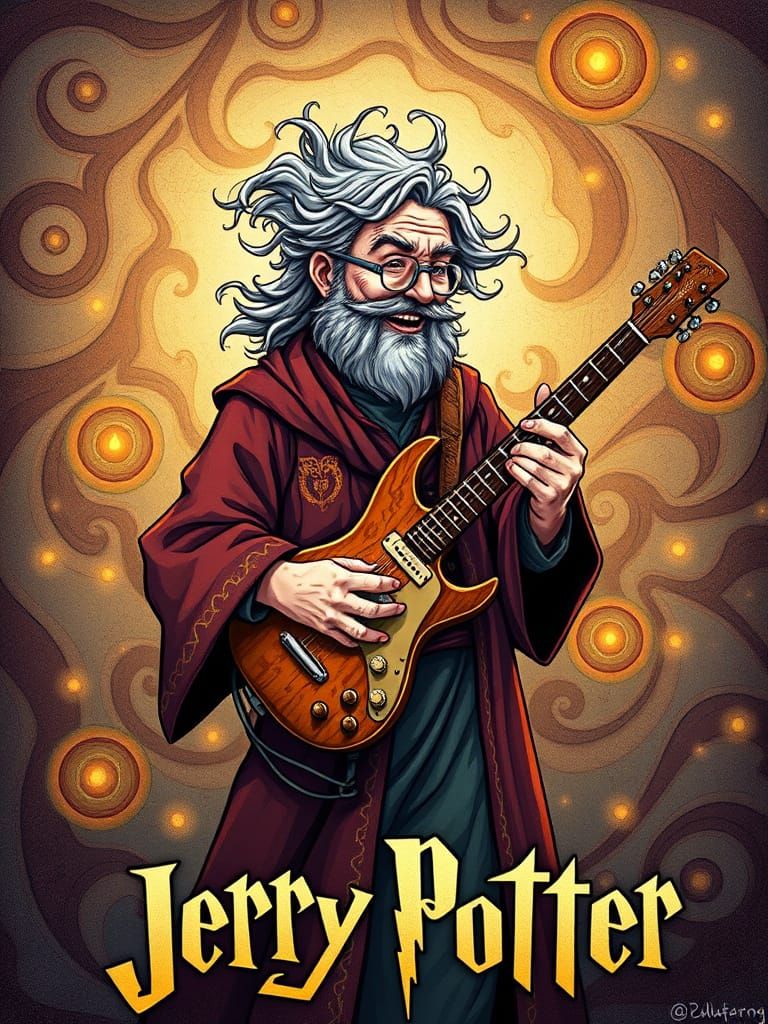 Futuristic Wizard Jerry Garcia, Blending Psychedelic Pattern...