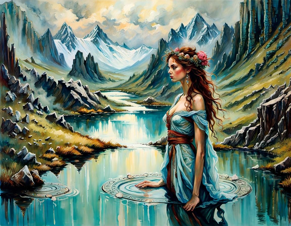 Greek Goddess Gazing at Reflection in Misty Pond